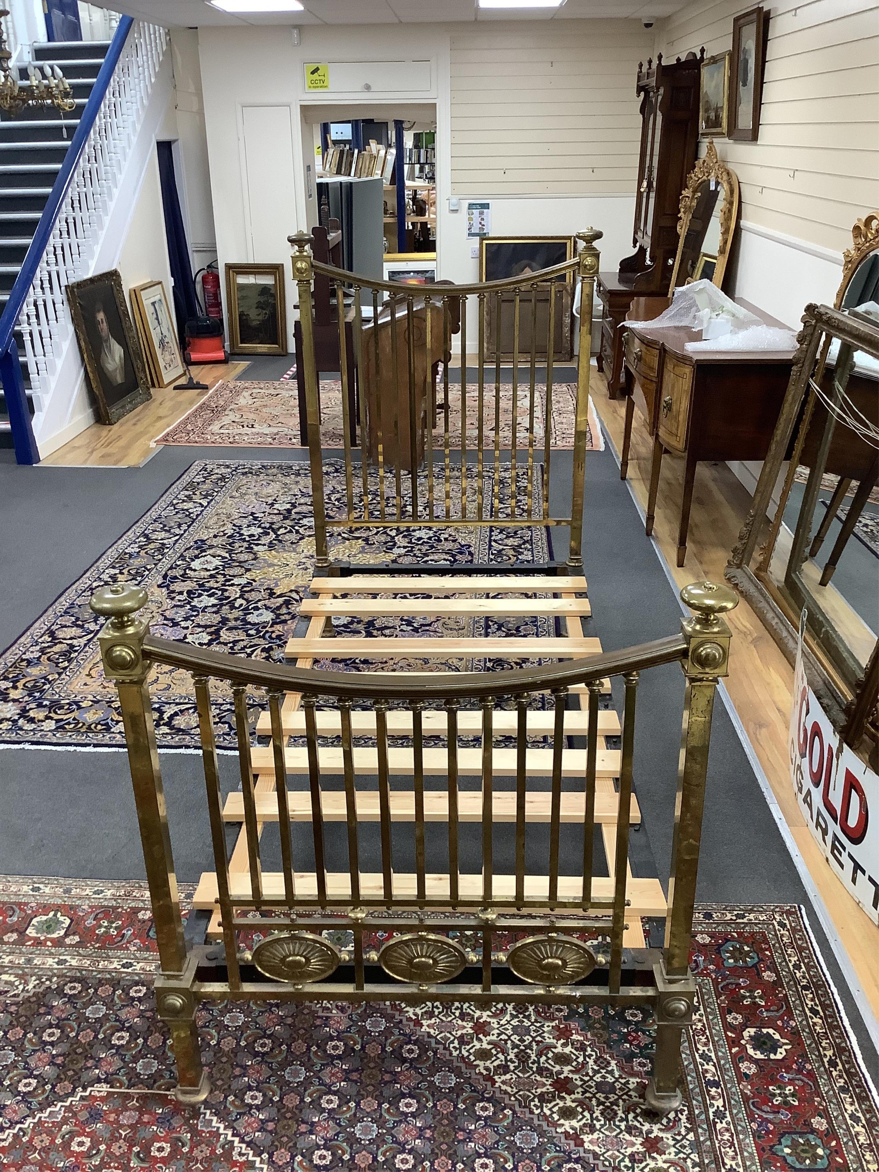A Victorian brass single bed frame, width 100cm, length 214cm, height 152cm. Condition - fair